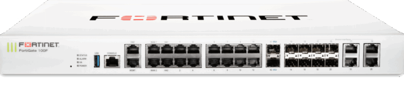 FortiGate 100F: 22 puertos GE RJ45 (incluidos 2 puertos WAN, 1 puerto DMZ, 1 puerto Mgmt, 2 puertos HA, 16 puertos de conmutador con 4 puertos SFP para medios compartidos), 4 puertos SFP, 2 puertos 10G SFP+ FortiLinks, alimentación dual redundancia de suministros.