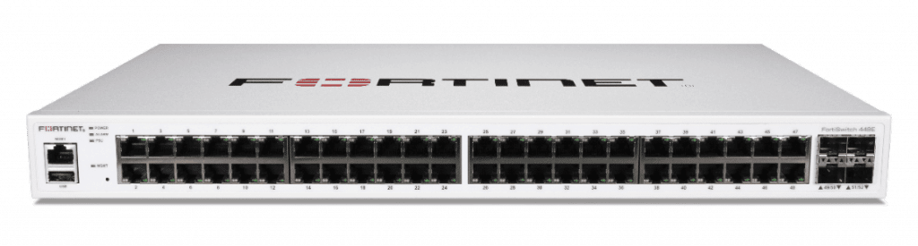 FortiSwitch 448E:  48 puertos GE RJ45, 4 x 10 GE SFP+.