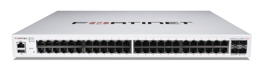 FortiSwitch 448E-POE: 48 puertos GE RJ45, 4 x 10 GE SFP+, con límite de salida POE máx. automático de 421 W.