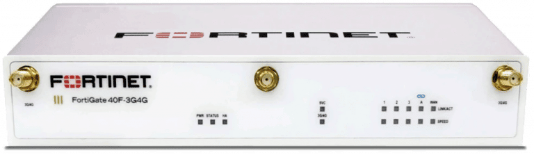FortiGate 40F-3G4G: 5 puertos GE RJ45 (incluido 1 puerto WAN, 4 puertos internos) con módulo WAN inalámbrico 3G/4G/LTE integrado, 3 antenas SMA WWAN externas incluidas.