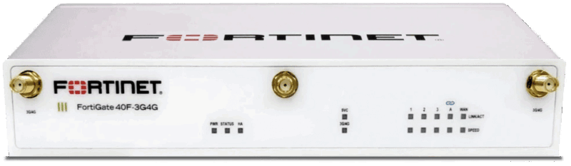 FortiGate 40F-3G4G: 5 puertos GE RJ45 (incluido 1 puerto WAN, 4 puertos internos) con módulo WAN inalámbrico 3G/4G/LTE integrado, 3 antenas SMA WWAN externas incluidas.