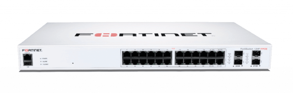 FortiSwitch 124F-FPOE:  Switch PoE+ de capa 2 compatible con el controlador FortiGate, con 24 puertos RJ45 1G PoE+, 4 puertos SFP+/SFP 10G/1G y 1 puerto de consola RJ45. Potencia máxima de salida PoE de 370 W con control inteligente de temperatura y ventilación.