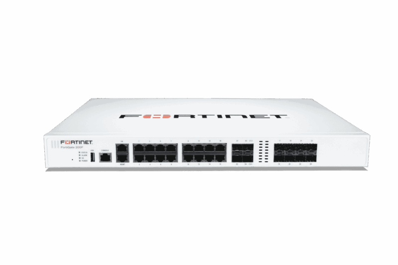 FortiGate 200F: 18 puertos GE RJ45 (incluidos 1 puerto MGMT, 1 puerto HA, 16 puertos de conmutador), 8 ranuras GE SFP, 4 ranuras 10GE SFP+, hardware NP6XLite y CP9 acelerado.