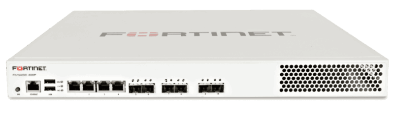 FortiADC-400F: Controlador de entrega de aplicaciones: 4 puertos GE RJ45, 4 puertos SFP GE, 2 puertos SFP+ de 10 GbE, 1 almacenamiento SSD de 128 GB, acelerador SSL de hardware, fuente de alimentación redundante opcional.