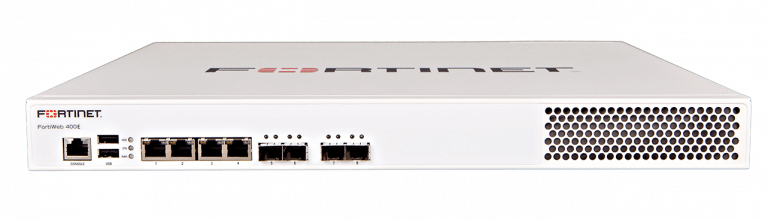 FortiWeb-400E: 4 puertos GE RJ45, 4 puertos SFP GbE, 8 GB de RAM, 1 almacenamiento SSD de 480 GB, fuente de alimentación única.