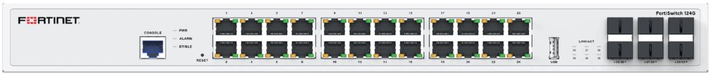 FortiSwitch 124G-FPOE: 24 puertos RJ45 2.5G/1G/100M (8 PoE 802.3bt (90 W) y 16 PoE 802.3af/at (30 W), 6 puertos SFP+/SFP 10G/1G y 1 puerto de consola RJ45. Limite de salida PoE máx. de 780 W.