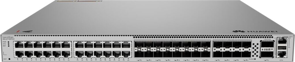 Switch Huawei S620-24T16X8Y2CZ Capa 3 Core ‑ Puertos: 24xGE, 16xSFP+ 10GE, 8xSFP28 25GE, 2xQSFP28 40/100GE | PoE: No  | Gestión: iStack, Cloud gratuita | Redundancia: Fuente doble