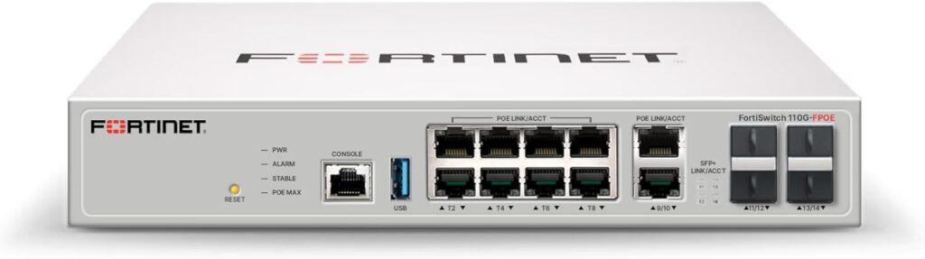 FortiSwitch-110G-FPOE: Switch FortiGate de capa 2 compatible con controlador PoE 802.3bt, con 2 puertos RJ45 5G con PoE bt, 8 puertos RJ45 2.5G con PoE af/at y 4 puertos SFP+. Sin ventilador. Salida PoE máxima de 200 W.