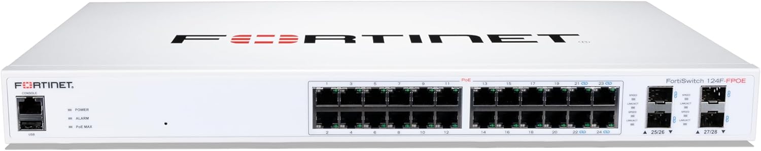 FortiSwitch-124F-FPOE: Switch PoE+ de capa 2 compatible con controlador FortiGate, con 24 puertos RJ45 1G con PoE+, 4 puertos SFP+/SFP 10G/1G y 1 puerto de consola RJ45. Salida PoE máxima de 370 W con control inteligente de temperatura y ventilador.