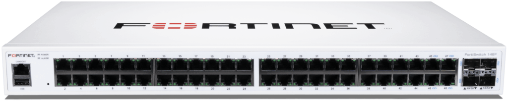 FortiSwitch-148F: Switch compatible con controlador de Switches FortiGate de capa 2 con 48 puertos RJ45 1G y 4 puertos SFP+/SFP 10G/1G y 1 puerto de consola RJ45.