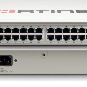 FortiSwitch-148F-POE: Switch PoE+ de capa 2 compatible con el controlador FortiGate, con 48 puertos RJ45 1G, 4 puertos SFP+/SFP 10G/1G y 1 puerto de consola RJ45. Los puertos 1 a 24 admiten PoE+ con un límite máximo de salida PoE de 370 W.